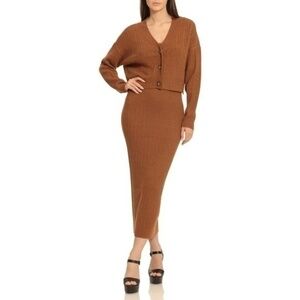 New Avec Les Filles Cardigan & Maxi Sweater Dress Set Brown XS